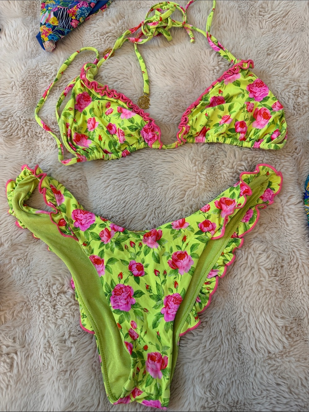 Luli Fama Neon Lime Floral Ruffle Bikini - Pink Rose Print